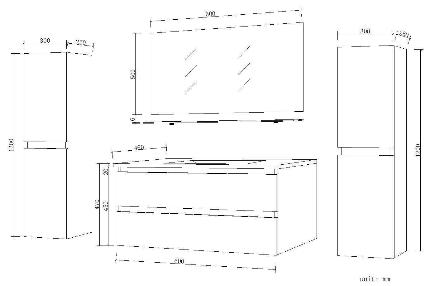 Badmöbel  Set Weiß Hochglanz 6 Teilig Badezimmermöbel 60 cm  90 cm 120 Dennis T