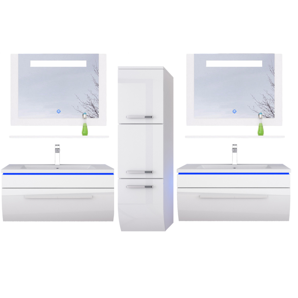 150 cm Badmöbel Set Weiss Hochglanz Kopmplett Badezimmermöbel 9 Teilig LED Bad