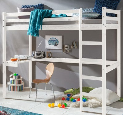 Kinderbett Hochbett mit Tisch Leiter Hochbett Spielbett Kiefer Massiv Weiss Bett