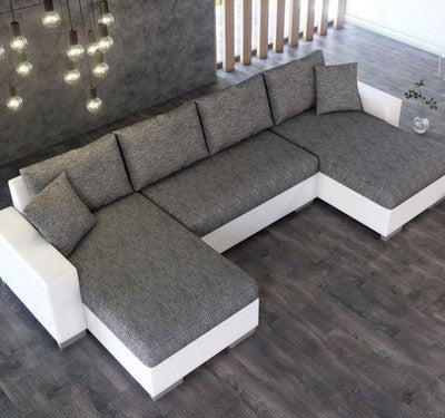 Couchgarnitur Eckcouch Wohnlandschaft XXL weiss/grau Bettkasten Bettfunktion 147