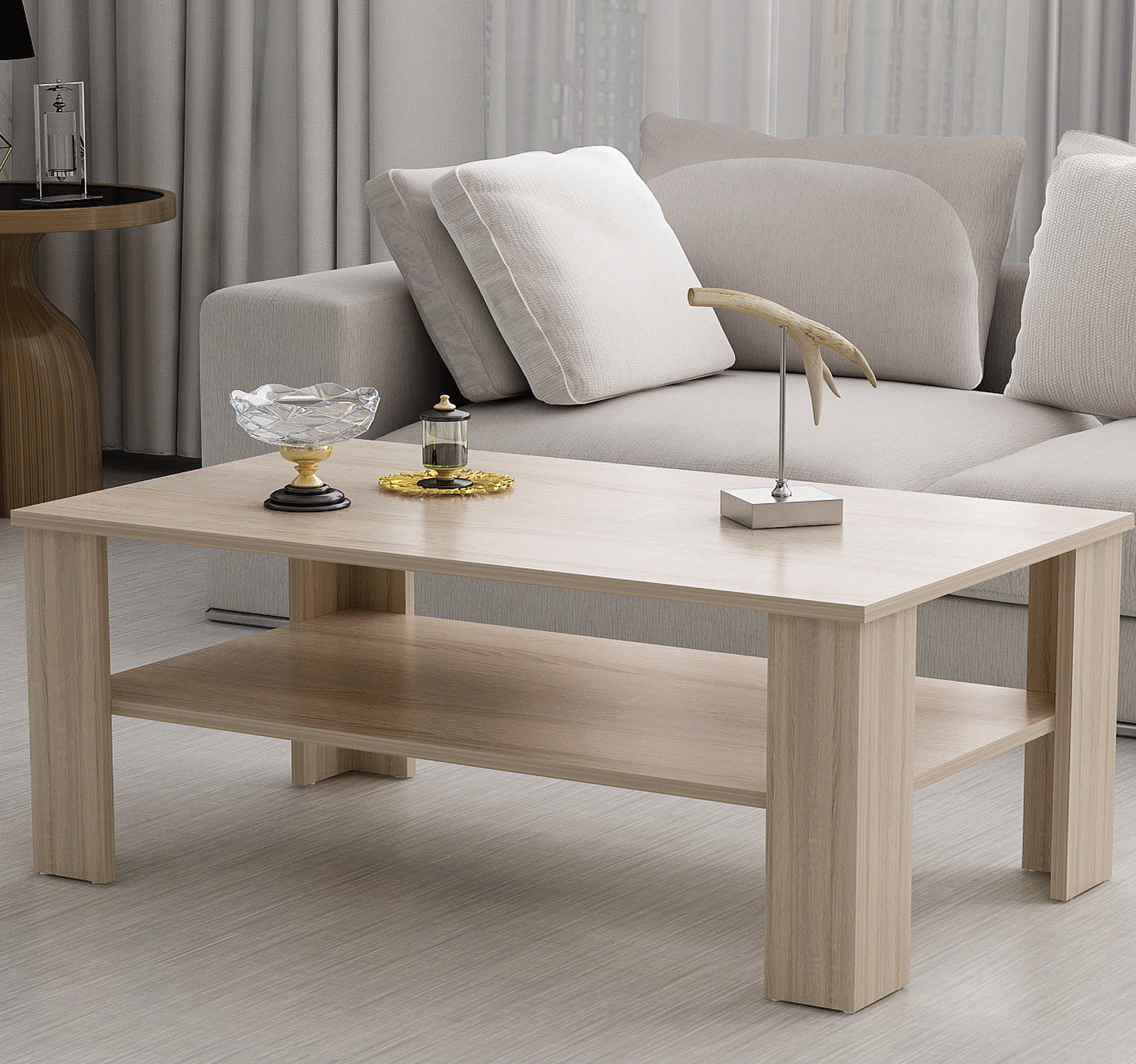 Sofatisch Wohnzimmertisch Couchtisch Tisch 100x60 Weiß Sonoma Eiche Ablage Luca1