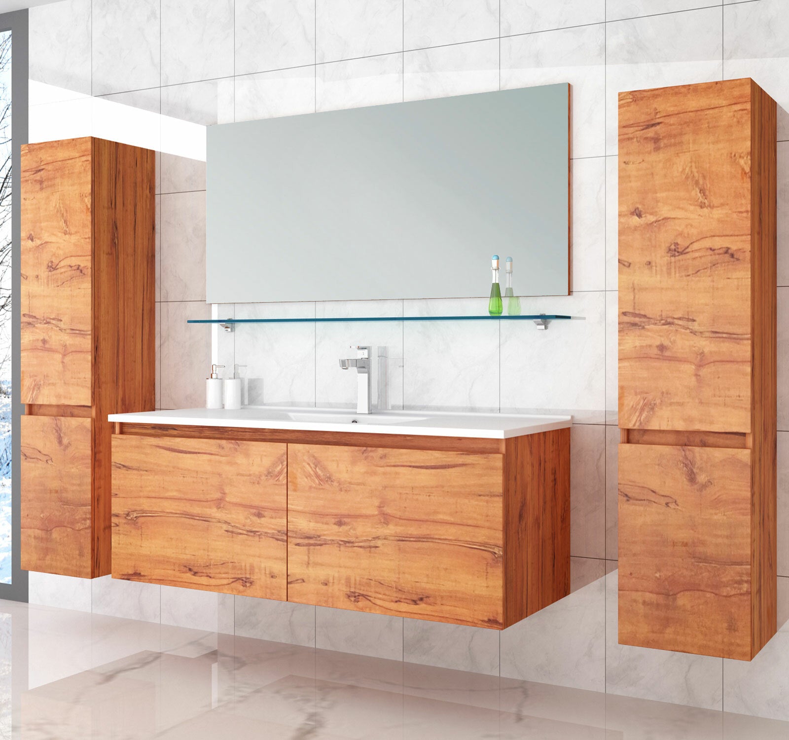 Badmöbel Set 120 cm Eiche Badezimmermöbel Hochschrank Waschtisch Spiegel 6Teilig