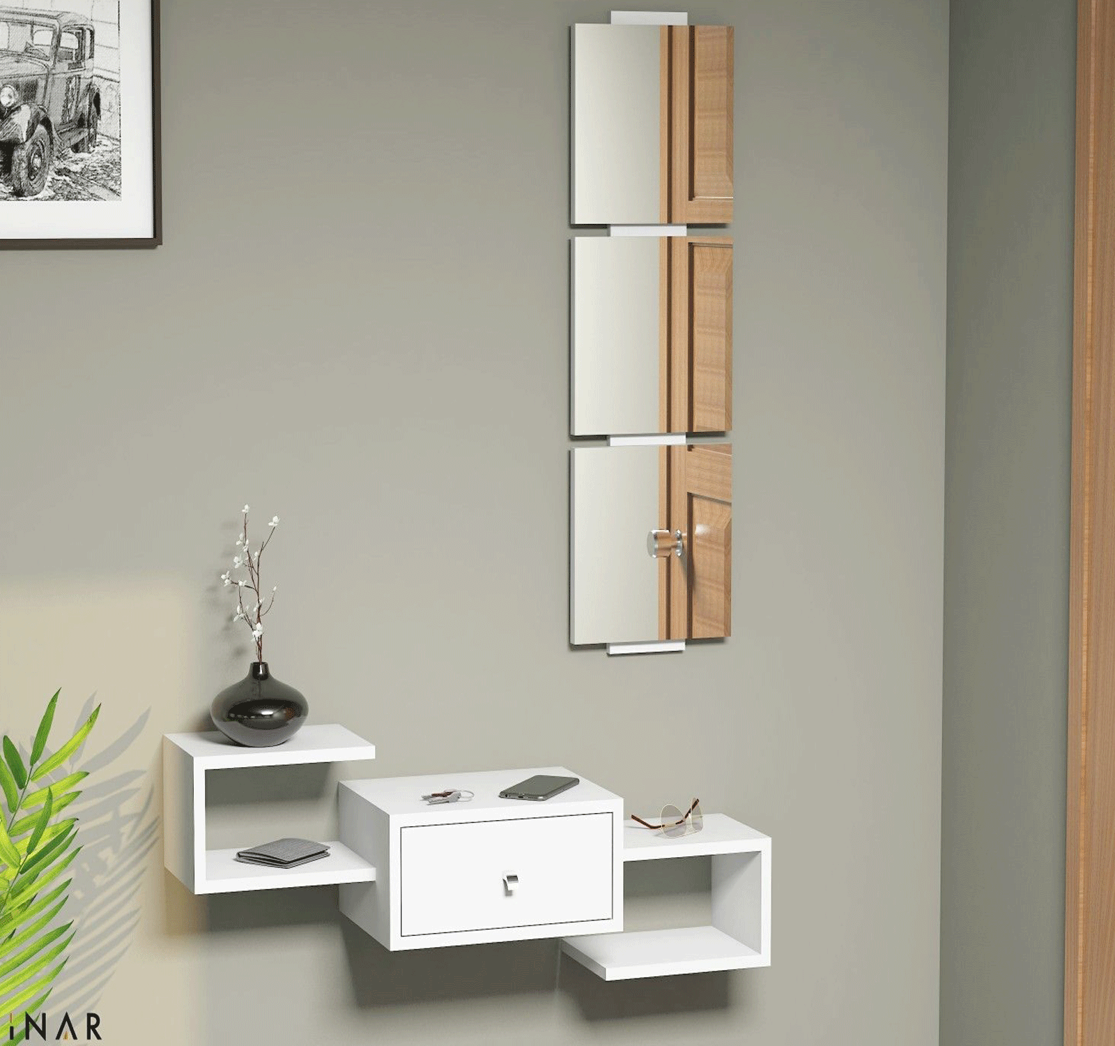 Garderobenset Flur Diele Weiß Hochglanz Spiegel Wand garderobe          Dorado 1