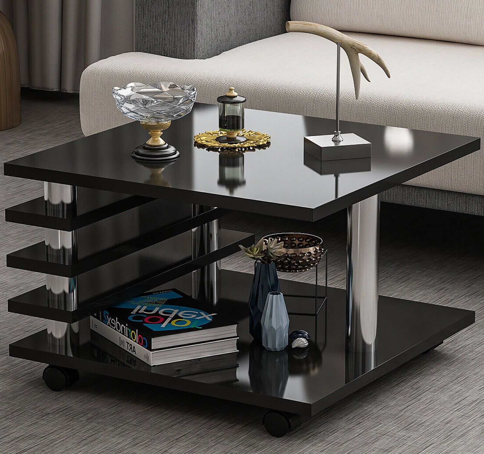 Couchtisch Schwarz Hochglanz mit Rollen 65x65 cm Wohnzimmertisch Tisch Melanie 1