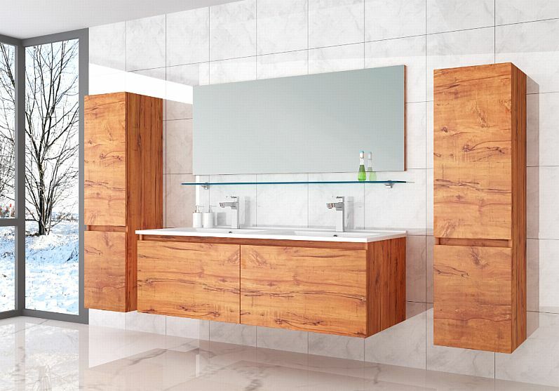 Doppelwaschtisch Keramik Badmöbel Set 120 cm Eiche Badezimmermöbel Set  6Teilig