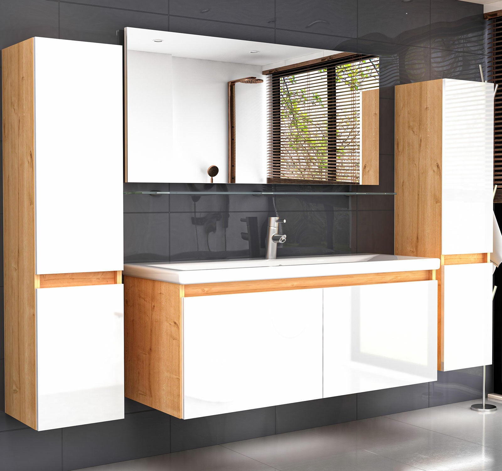 Badmöbel Set Eiche Artizan Weiss Hochglanz Badezimmermöbel 120 cm Bad Schränke