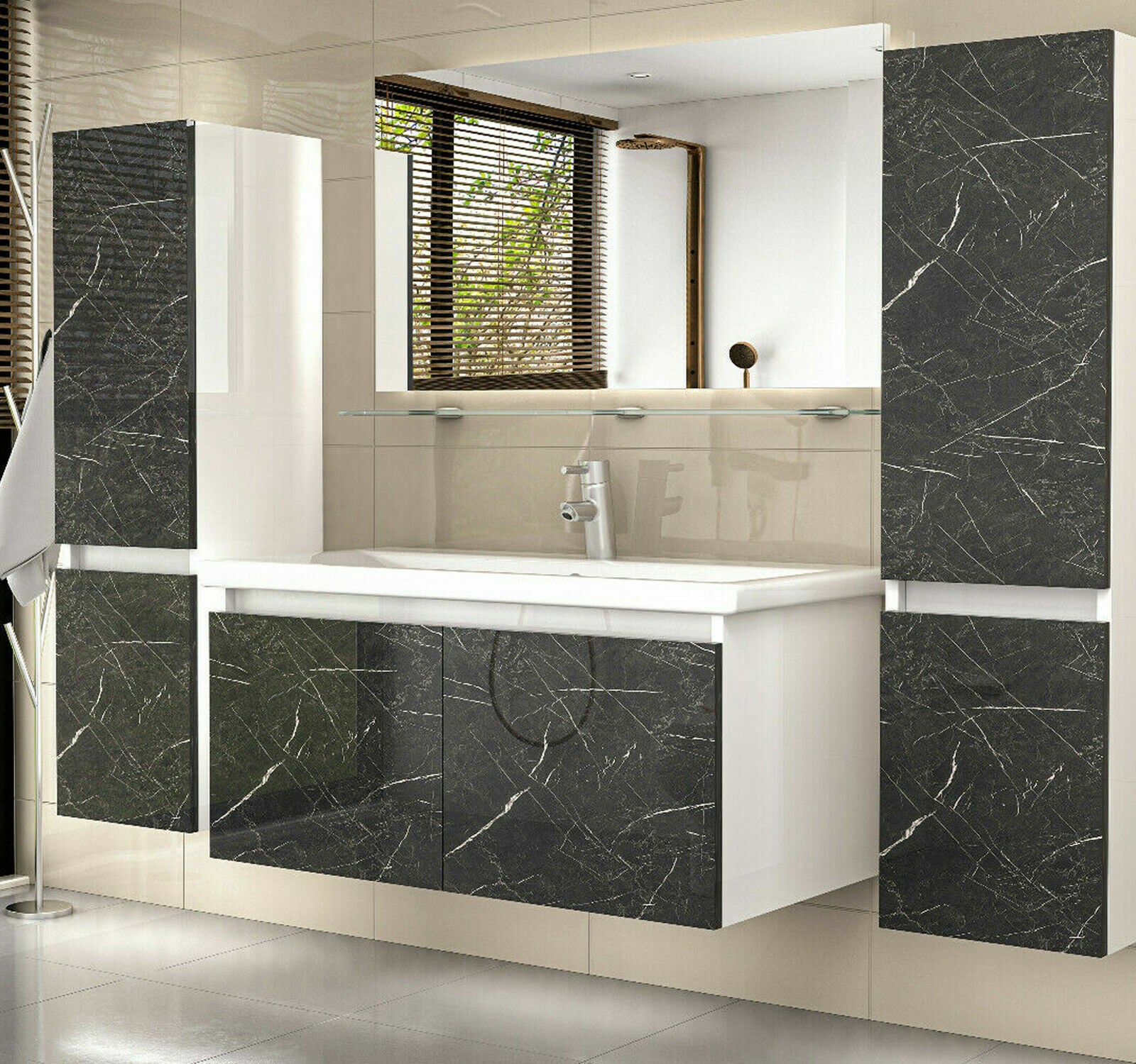 Badmöbel Set Weiss / Marmor Optik Hochglanz Badezimmermöbel 6 teilig Bad 90 cm