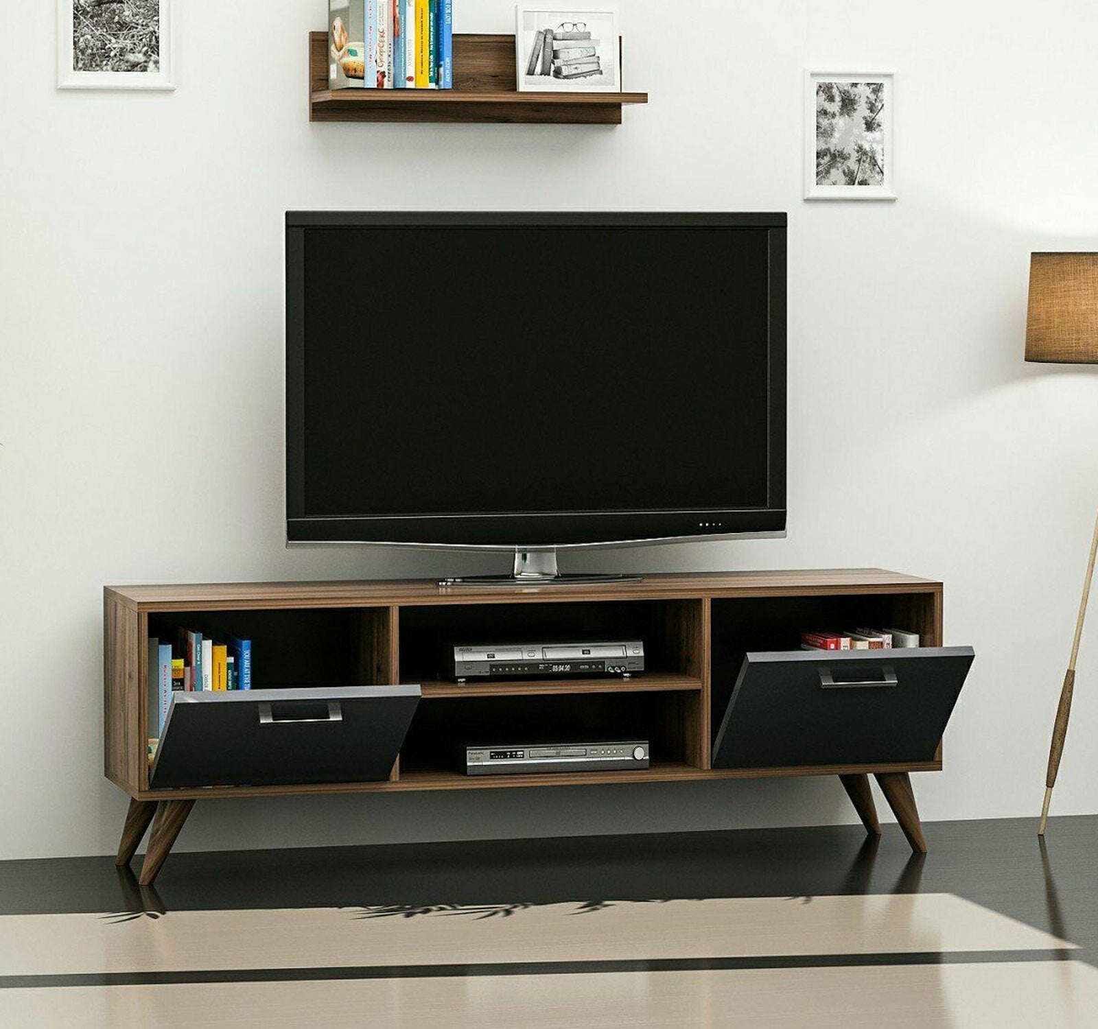 TV Lowboard 120 x 30 cm Walnuss / Anthrazit Grau Board Möbel Fernseher Horuz 1