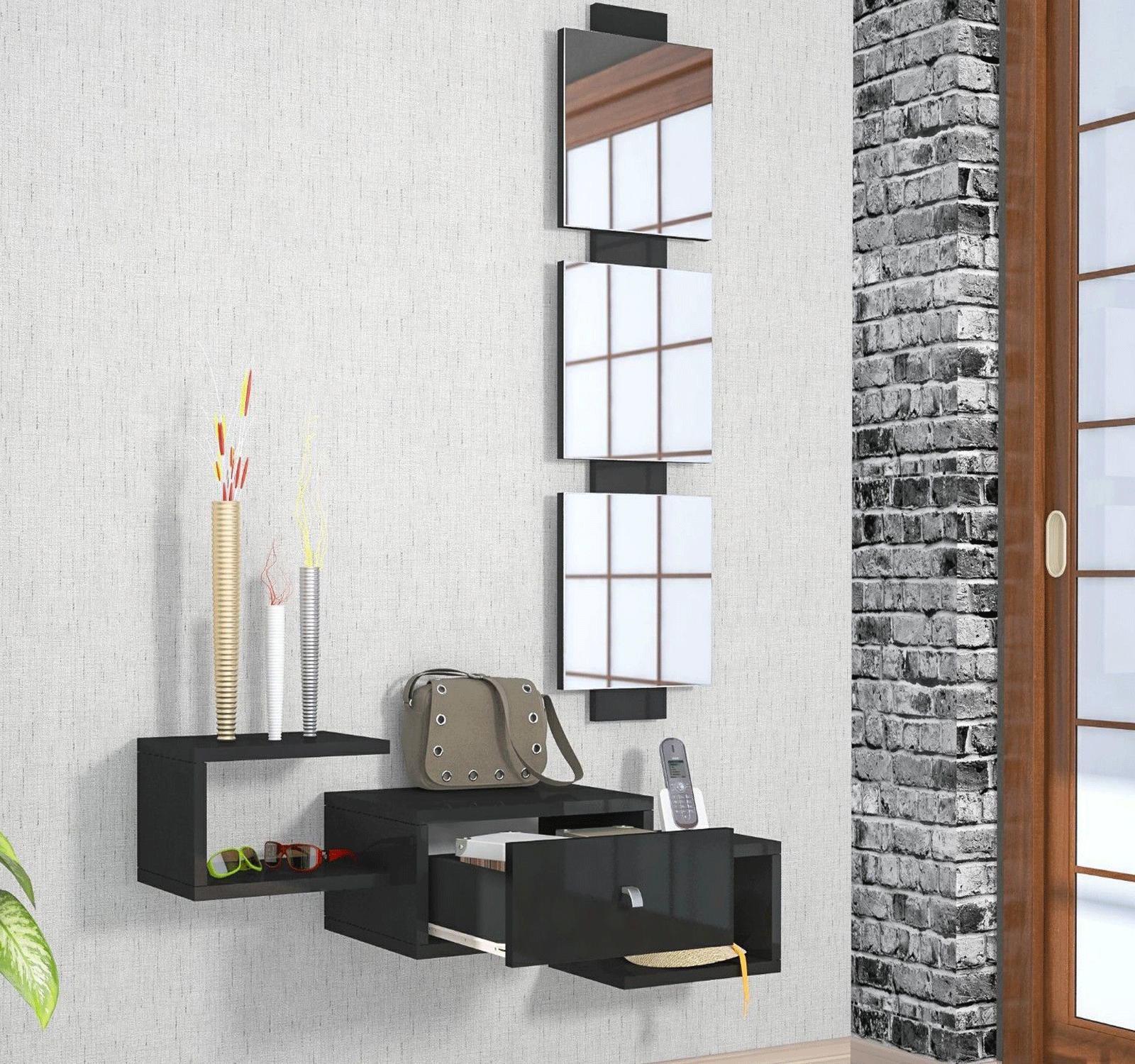 Garderobenset Flur Diele Spiegel Schwarz Hochglanz Wand garderobe Dorado 1