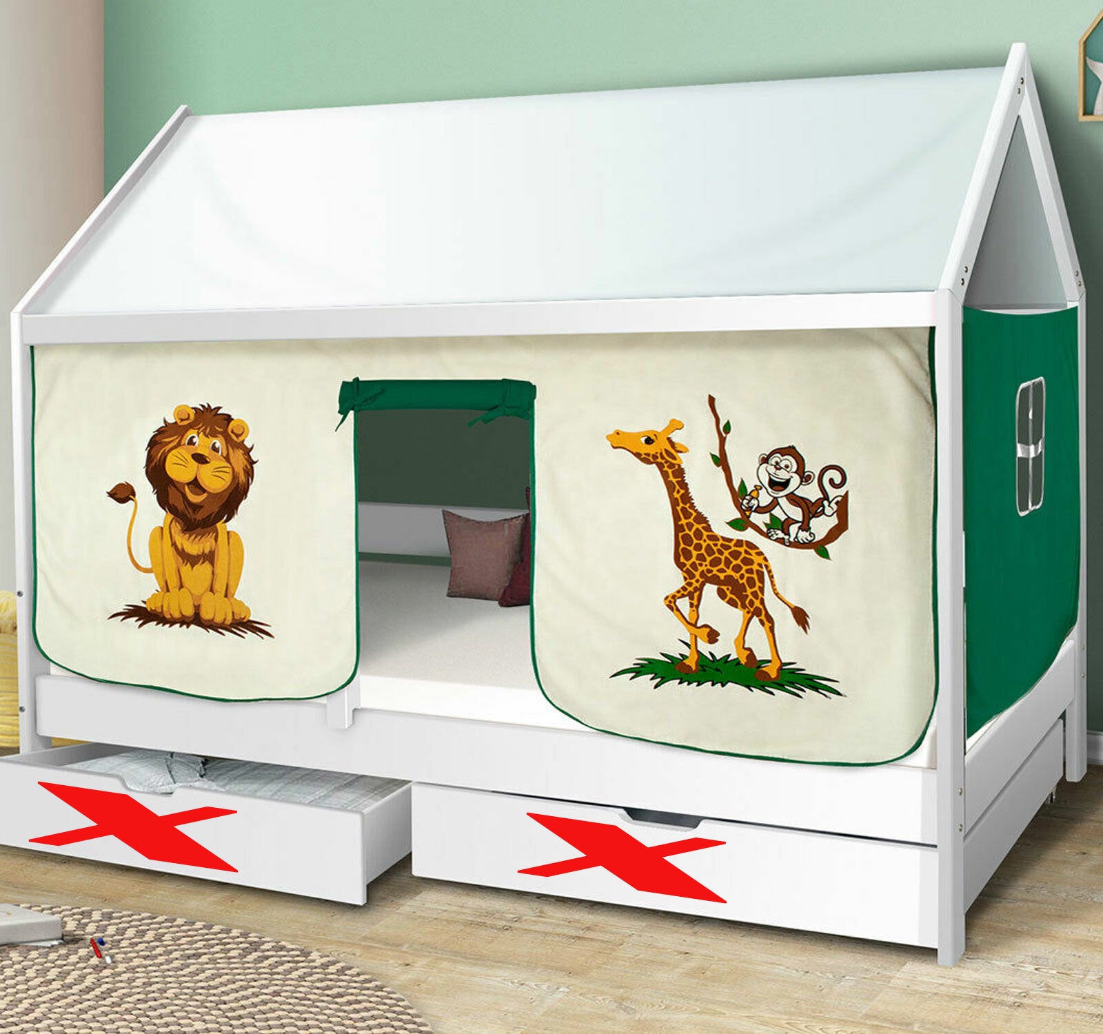 Hausbett Safari Kinderbett Massiv Hochbett Spielbett Jugendbett 90x200 cm  Bett