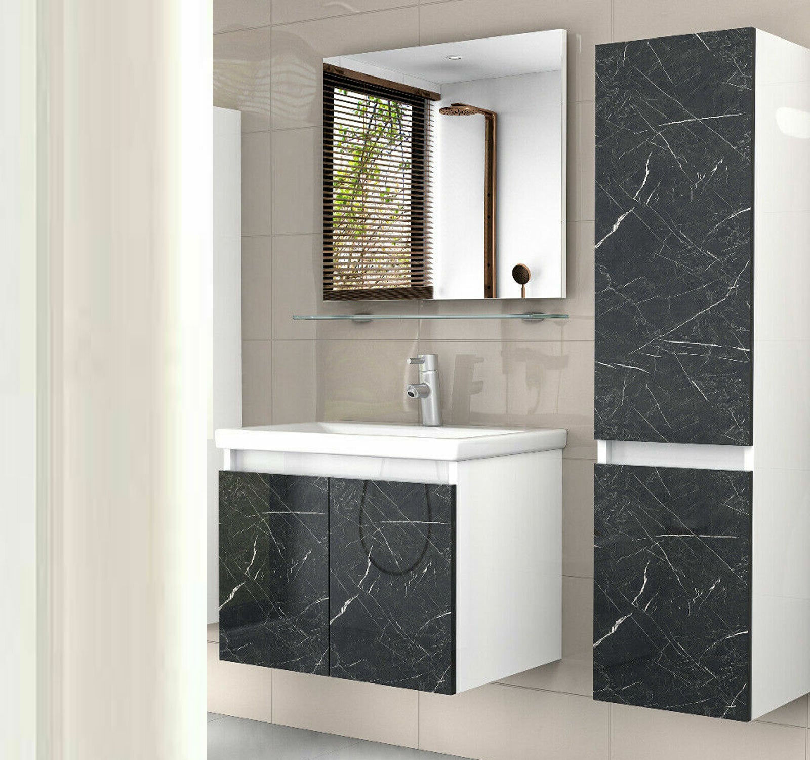 Badmöbel Set Weiss / Marmor Optik Hochglanz Badezimmermöbel 5 teilig Bad 60 cm