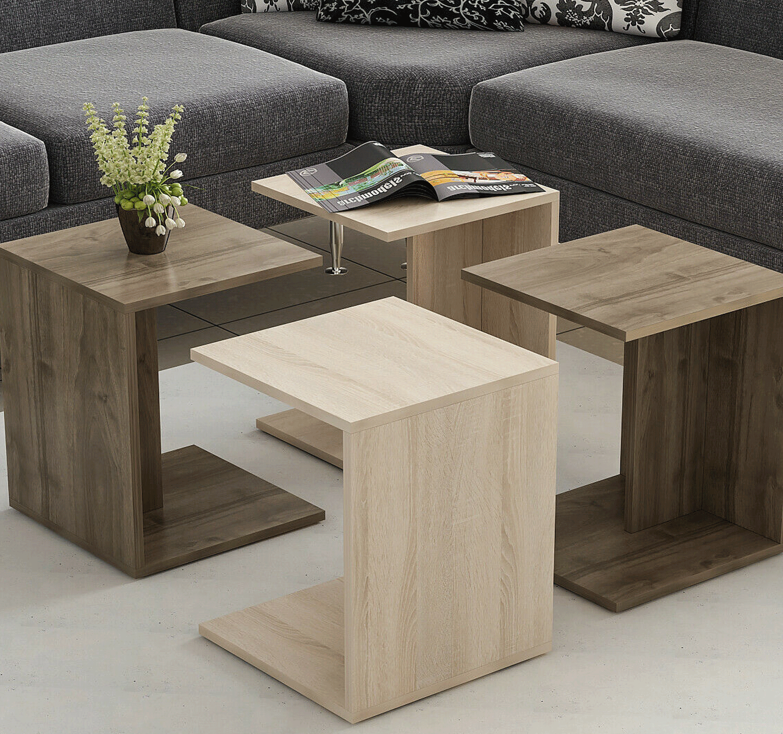 Couchtisch 4er Set 76 x 76 cm Walnuss Sonoma Tisch Wohnzimmertisch    Nurlezen 1