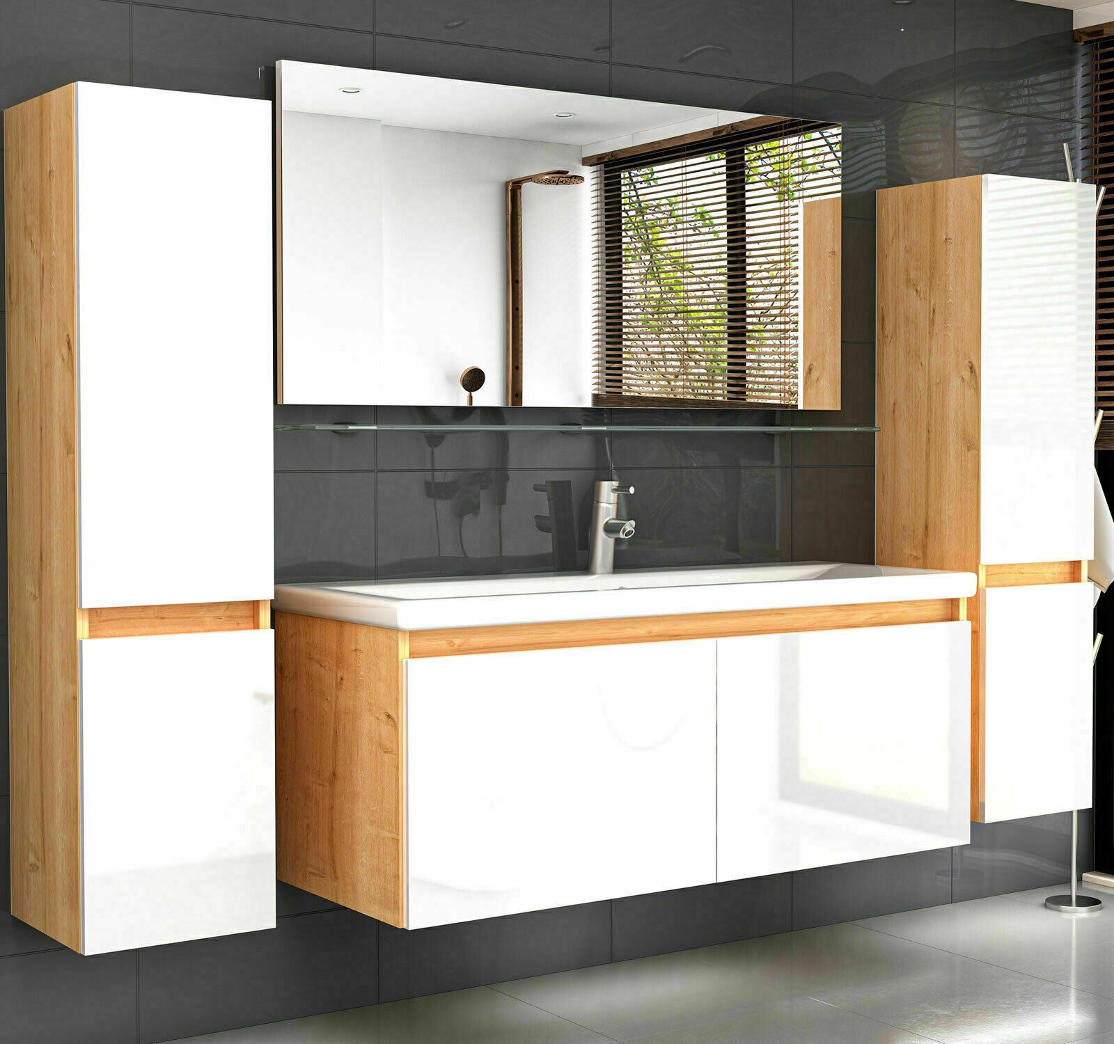 Badmöbel Set Eiche Artizan Weiss 90 Hochglanz Badezimmermöbel 90 cm Bad Schränke