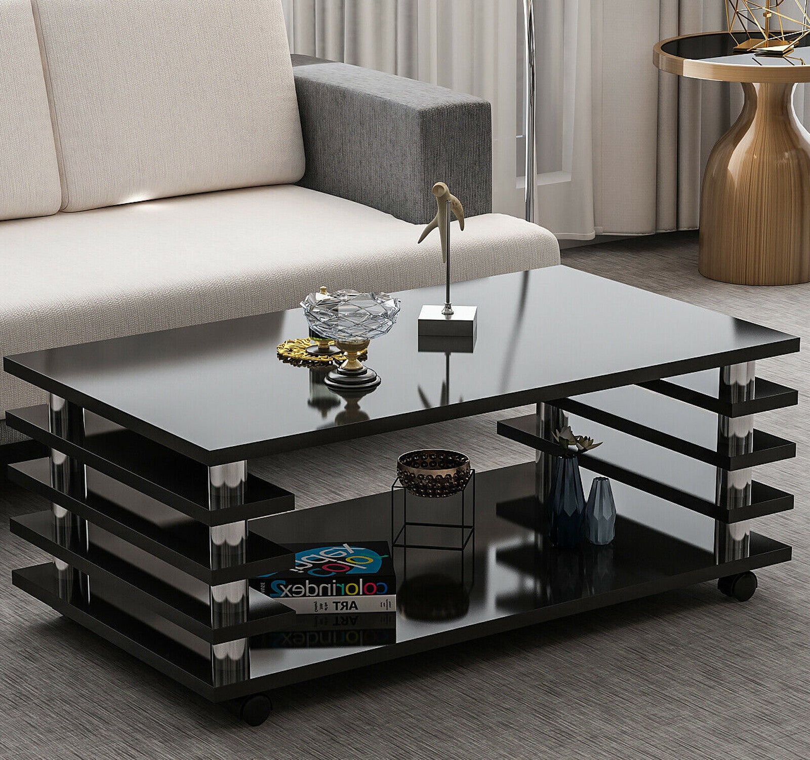 Couchtisch Schwarz Hochglanz Rollen 115x65 Tisch Wohnzimmertisch Sofatisch Zoe 2