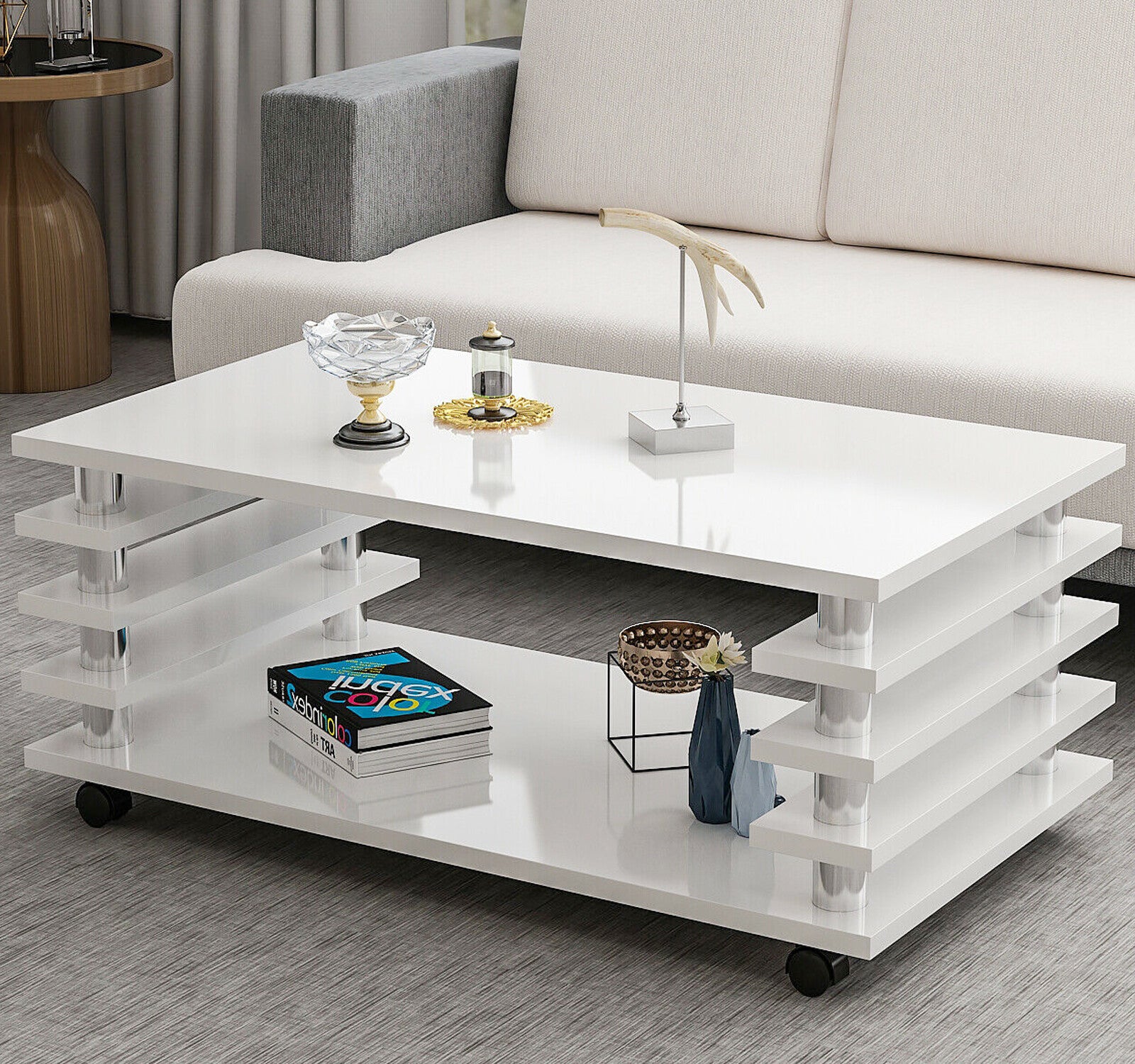 Couchtisch Weiß Hochglanz Rollen 115x65 cm Tisch Wohnzimmertisch Sofatisch Zoe 2