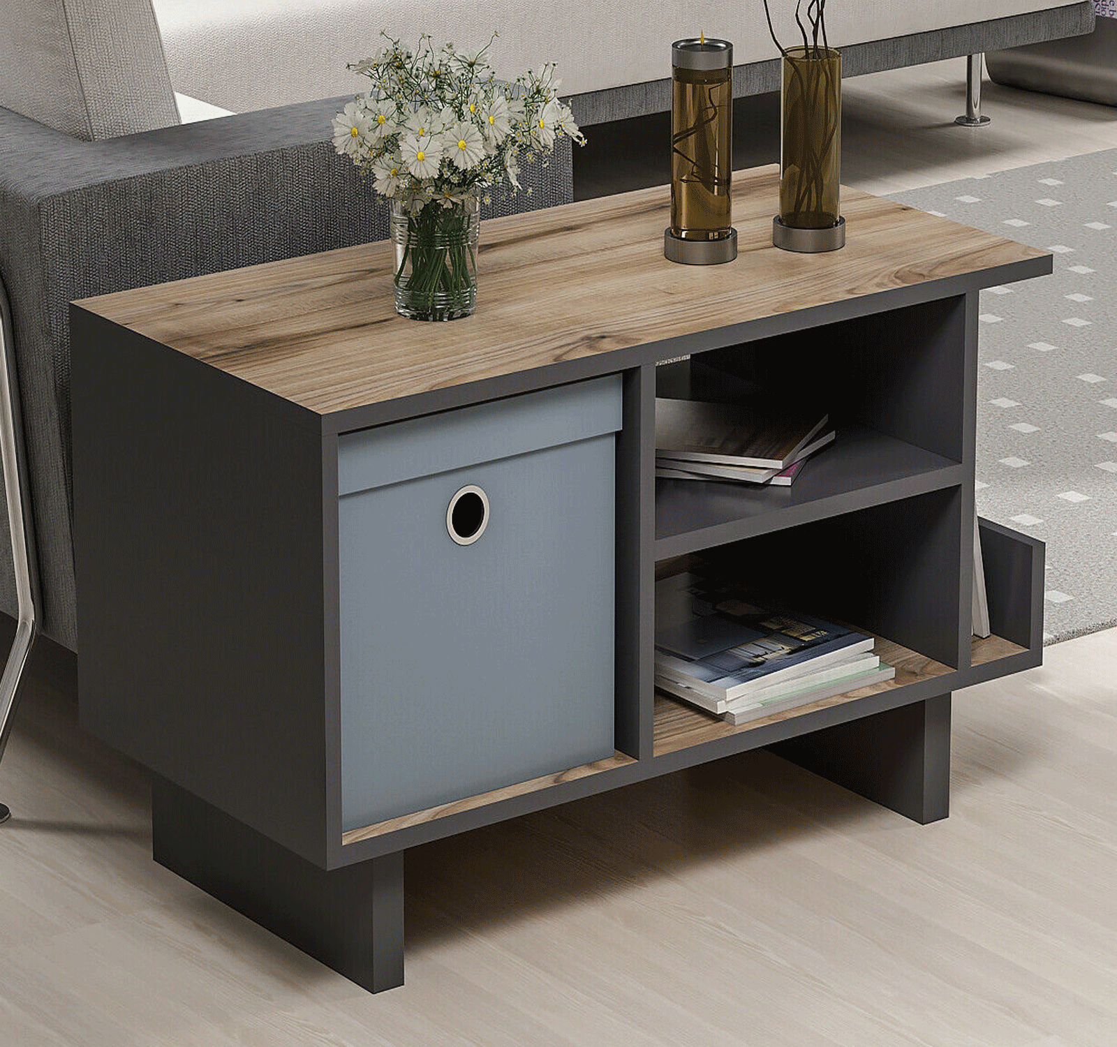 Couchtisch 90 x 45 cm Fichte-Alpin Anthrazit Tisch Wohnzimmertisch Couch Almelo1