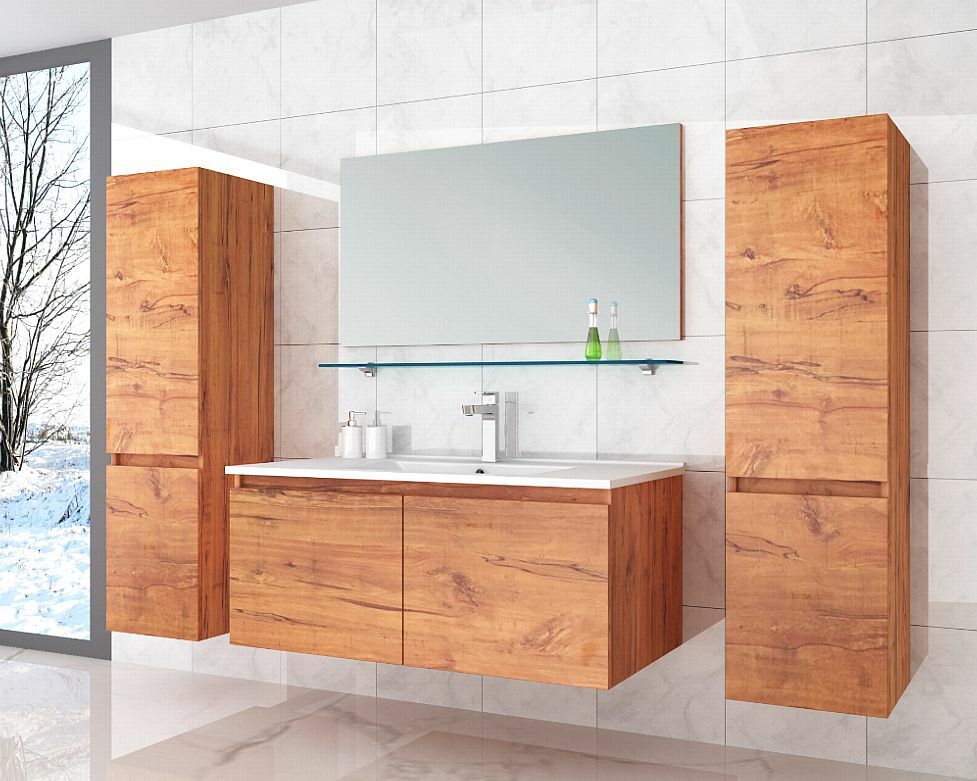 Badmöbel Set 90 cm  Eiche Badezimmermöbel Hochschrank Waschtisch Spiegel 6Teilig