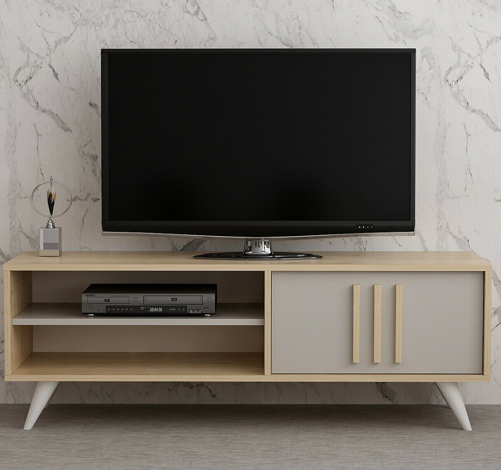TV Lowboard 138 cm Ahorn Grau Fernsehtisch Möbel Schrank Kommode Board Hemera 1