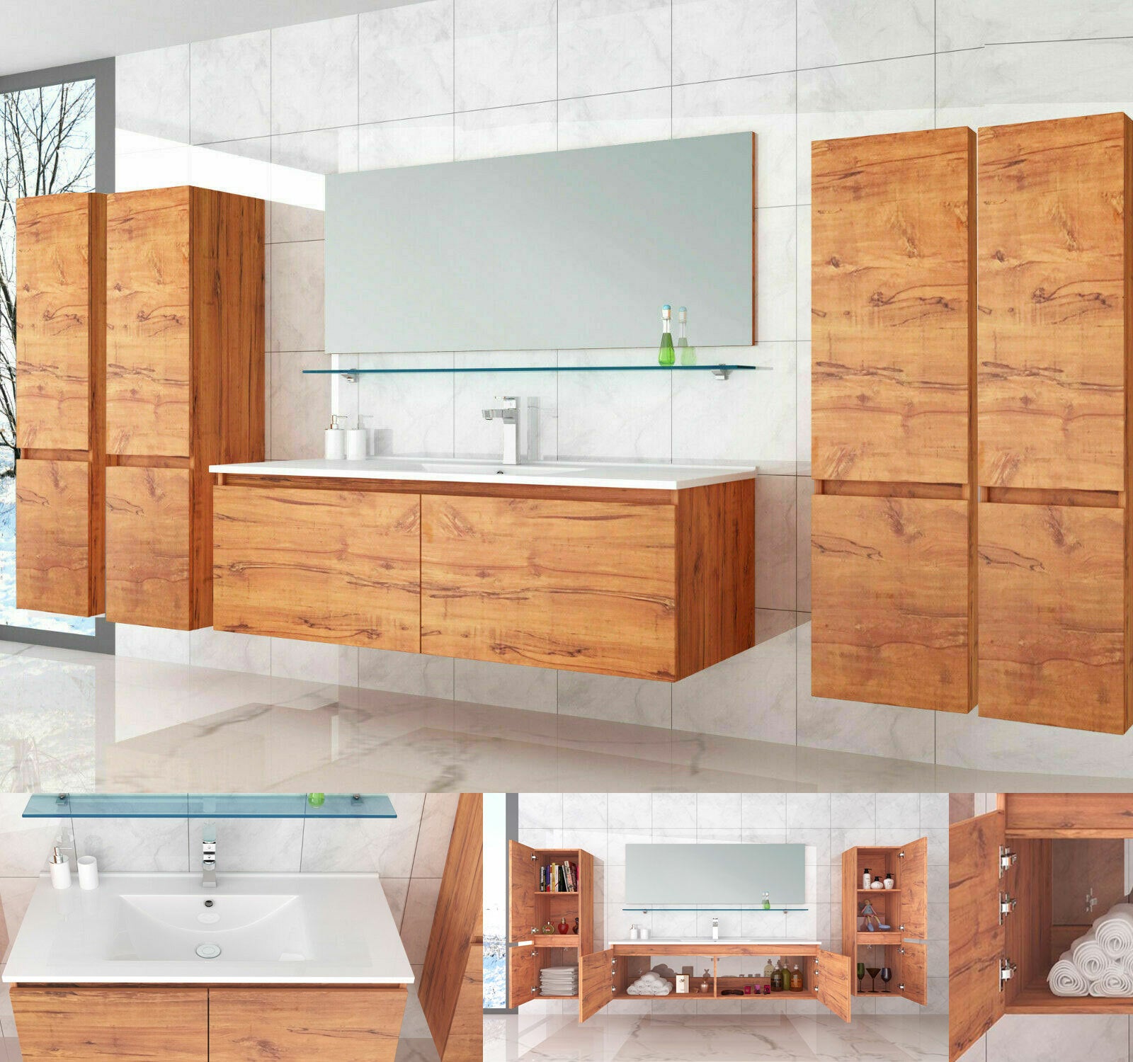 Badmöbel Set 120 cm Eiche Badezimmermöbel Hochschrank Waschtisch Spiegel 6Teilig