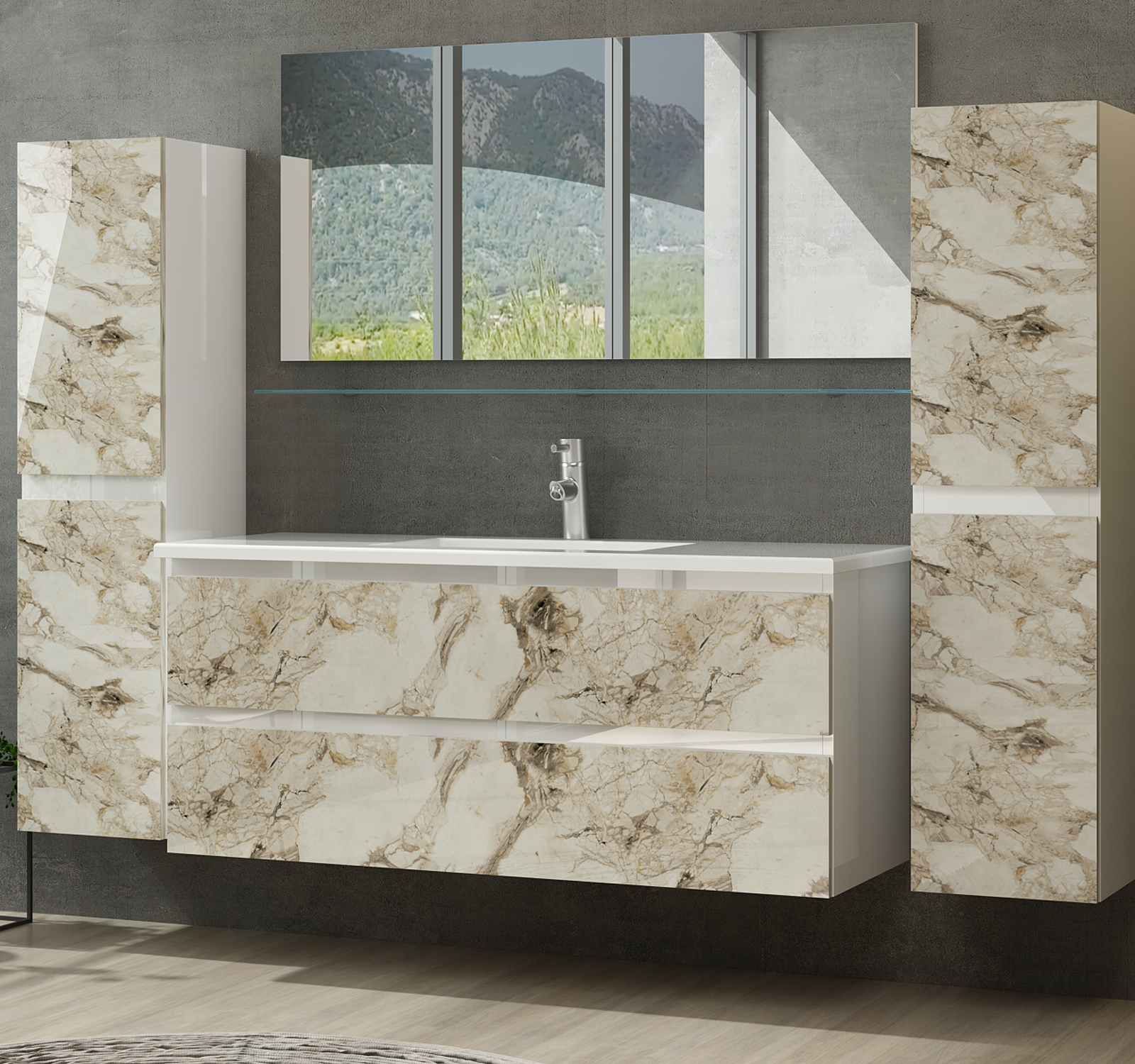 Badmöbel Set Weiss Marmor Optik Hochglanz Badezimmermöbel 60 cm  90 cm 120 Diana