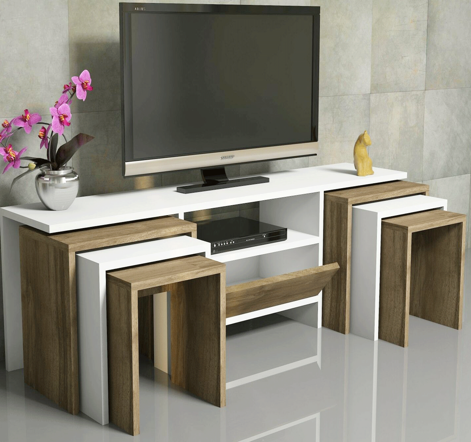 TV Schrank Lowboard Eiche Weiß Fernsehtisch inkl.6 Beistelltische Kommode Zigon1
