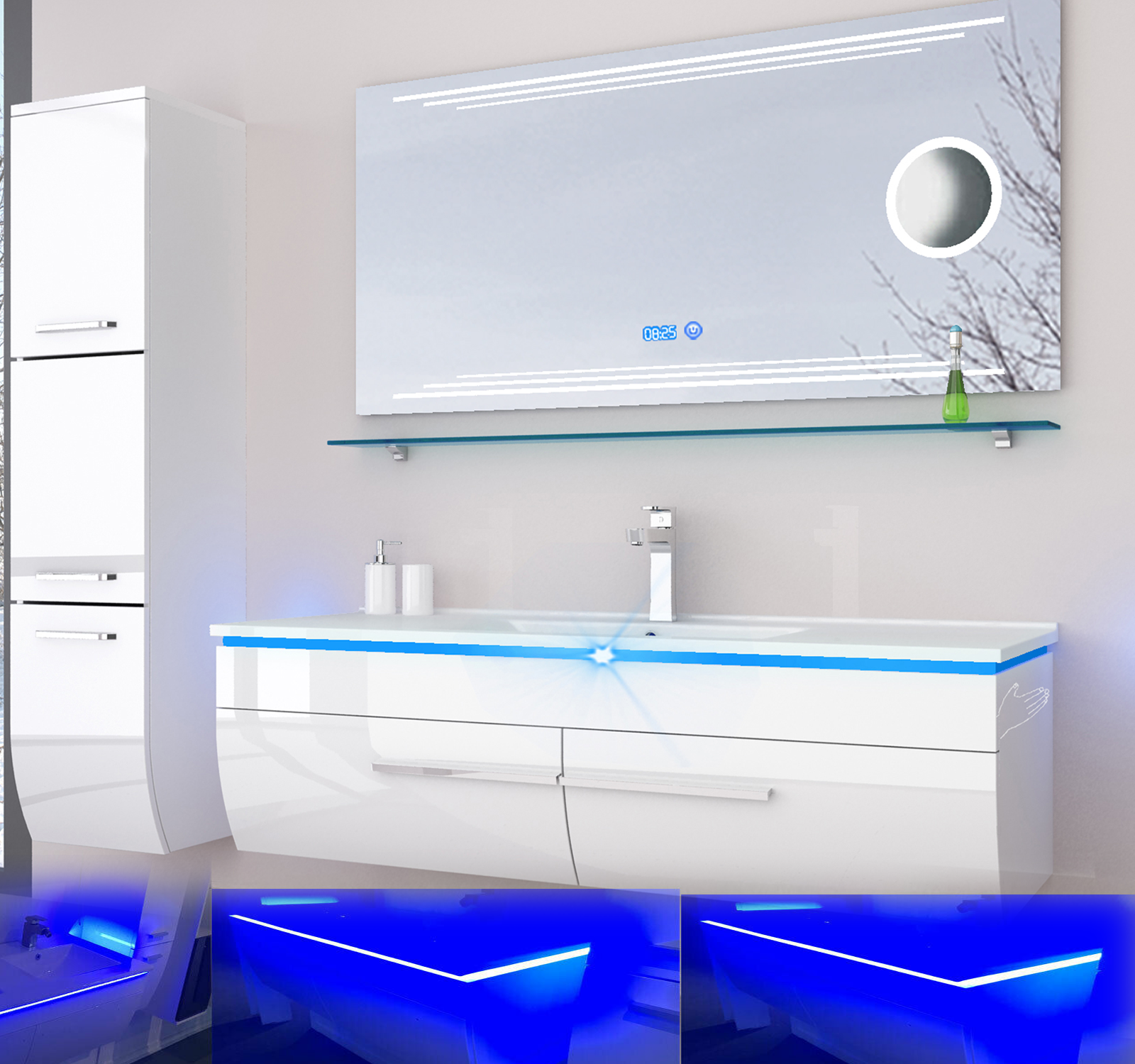 Badmöbel Set schwarz oder weiss hochglanz Kosmetik Badezimmermöbel LEDUhrMontier