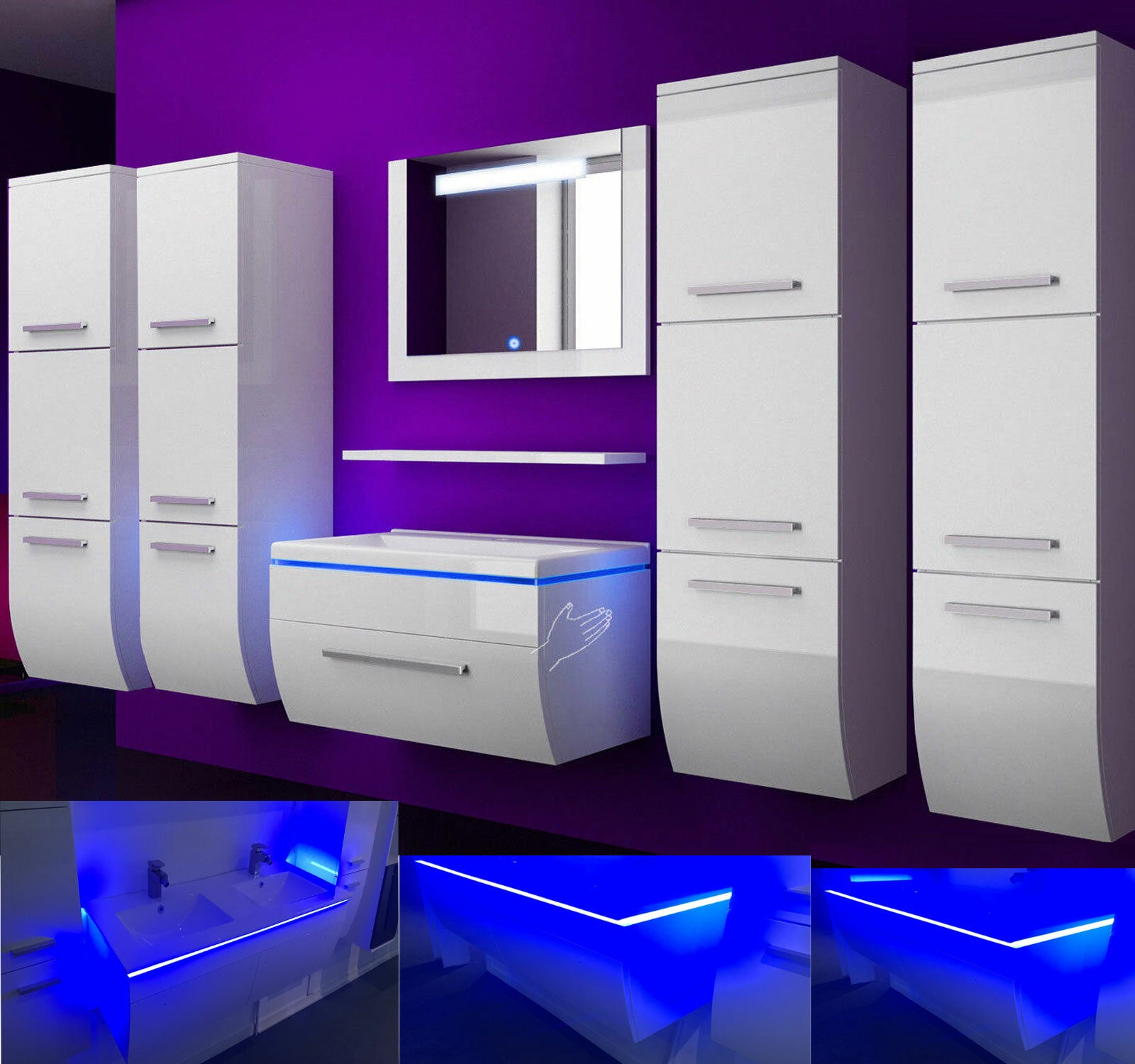 Badmöbel Set Weiss 180 cm Hochglanz Waschbecken Spiegel Komplett Bad Led System.