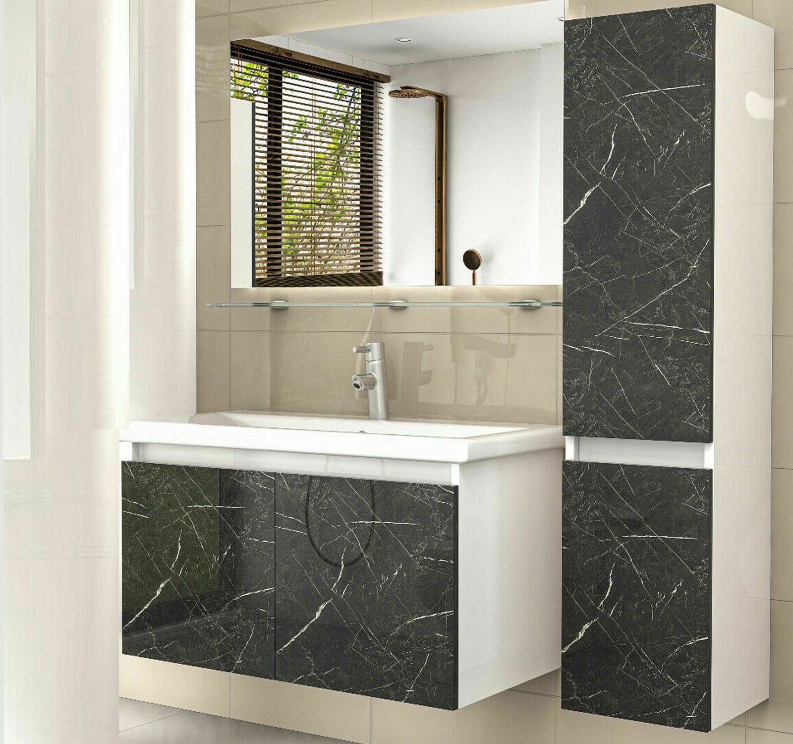 Badmöbel Set Weiss / Marmor Optik Hochglanz Badezimmermöbel 5 teilig Bad 90 cm