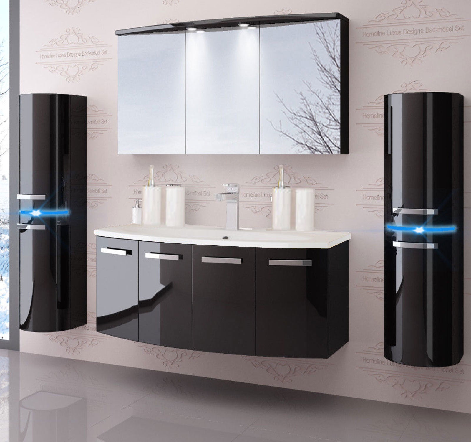 Badmöbel Set 130 cm Schwarz Hochglanz Bad Badezimmermöbel Wachtisch Led Sytstem