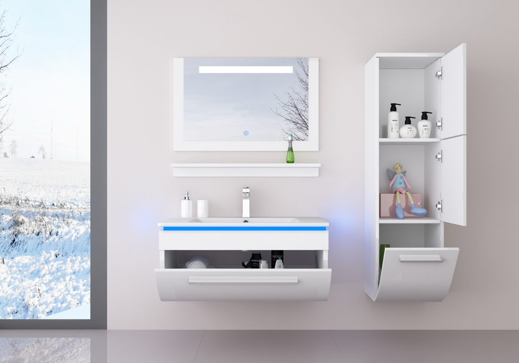 5 Teilig Badmöbel Set 90 Schwarz Weiss Led Hochglanz Badezimmermöbel LED System