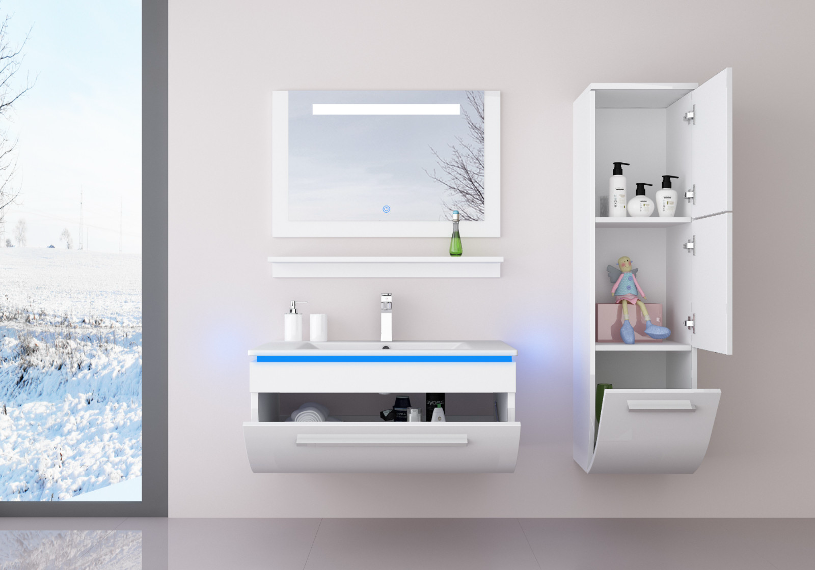 5 Teilig Badmöbel Set 90 Schwarz Weiss Led Hochglanz Badezimmermöbel LED System