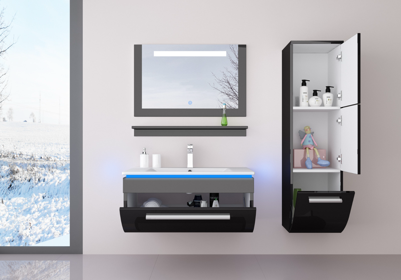 5 Teilig Badmöbel Set 90 Schwarz Weiss Led Hochglanz Badezimmermöbel LED System