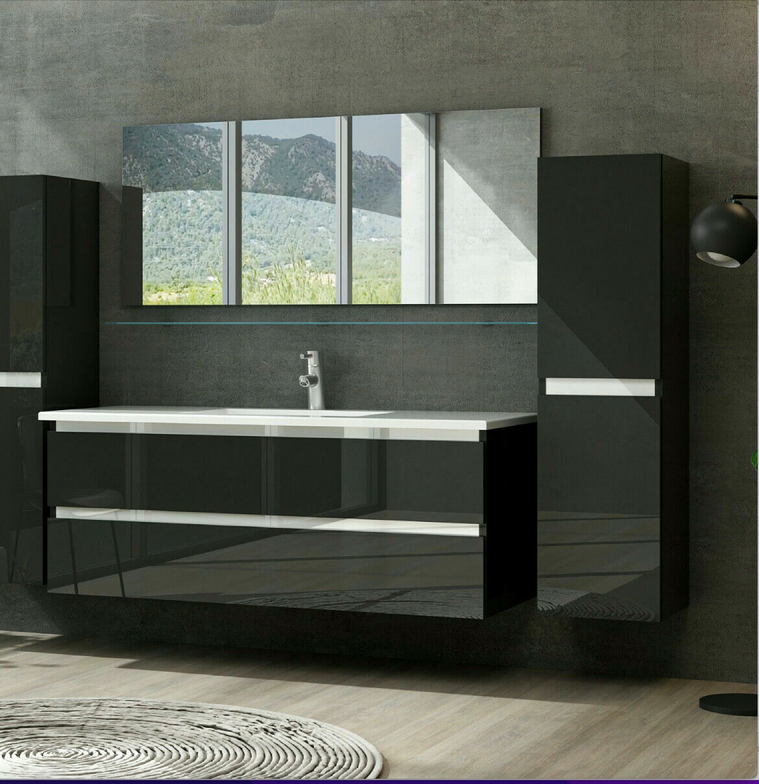 öbel Set komplett Schwarz/ Weiss Hochglanz Badezimmermöbel 210-240 cm Marcel