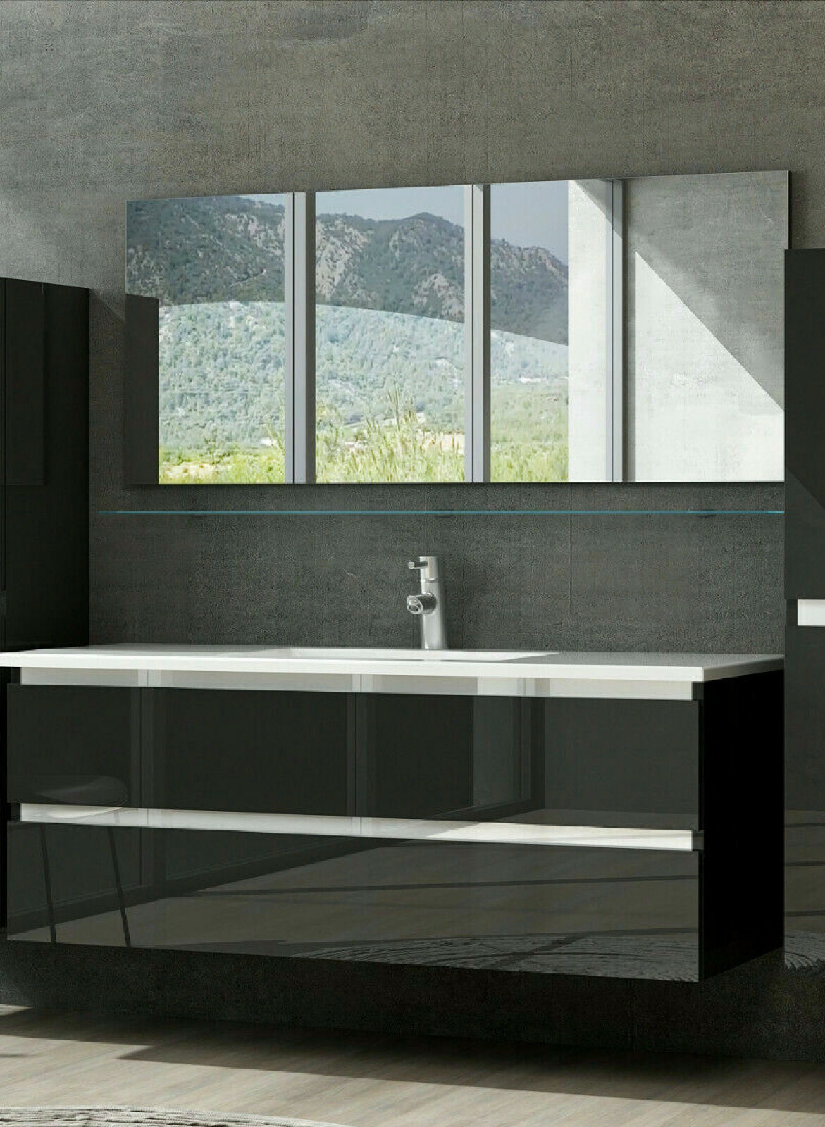 öbel Set komplett Schwarz/ Weiss Hochglanz Badezimmermöbel 210-240 cm Marcel