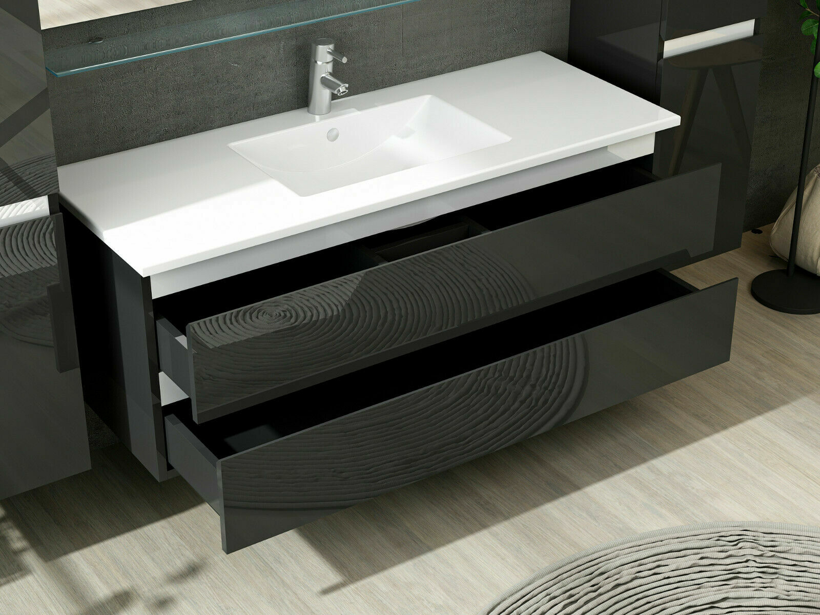 öbel Set komplett Schwarz/ Weiss Hochglanz Badezimmermöbel 210-240 cm Marcel