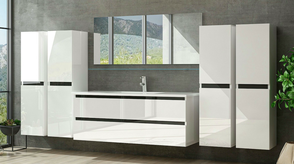 Badmöbel Set Design Weiss Hochglanz Badezimmermöbel 120 cm bis 8tlg Bad Möbel