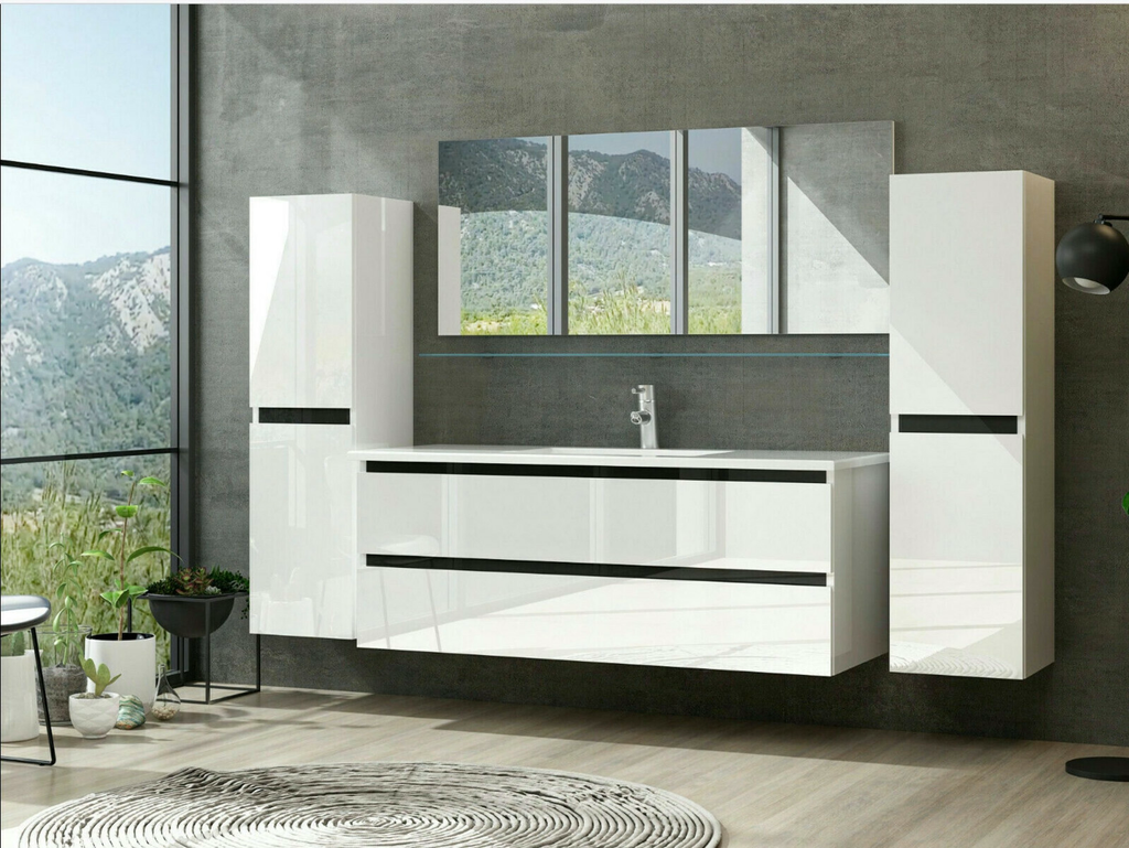Badmöbel Set Design Weiss Hochglanz Badezimmermöbel 120 cm bis 8tlg Bad Möbel