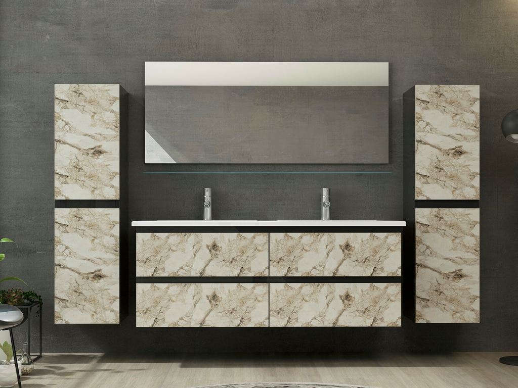Badmöbel Set Eiche Weiß Badezimmermöbel Hochschrank WaschtischBad Spiegel Cobra
