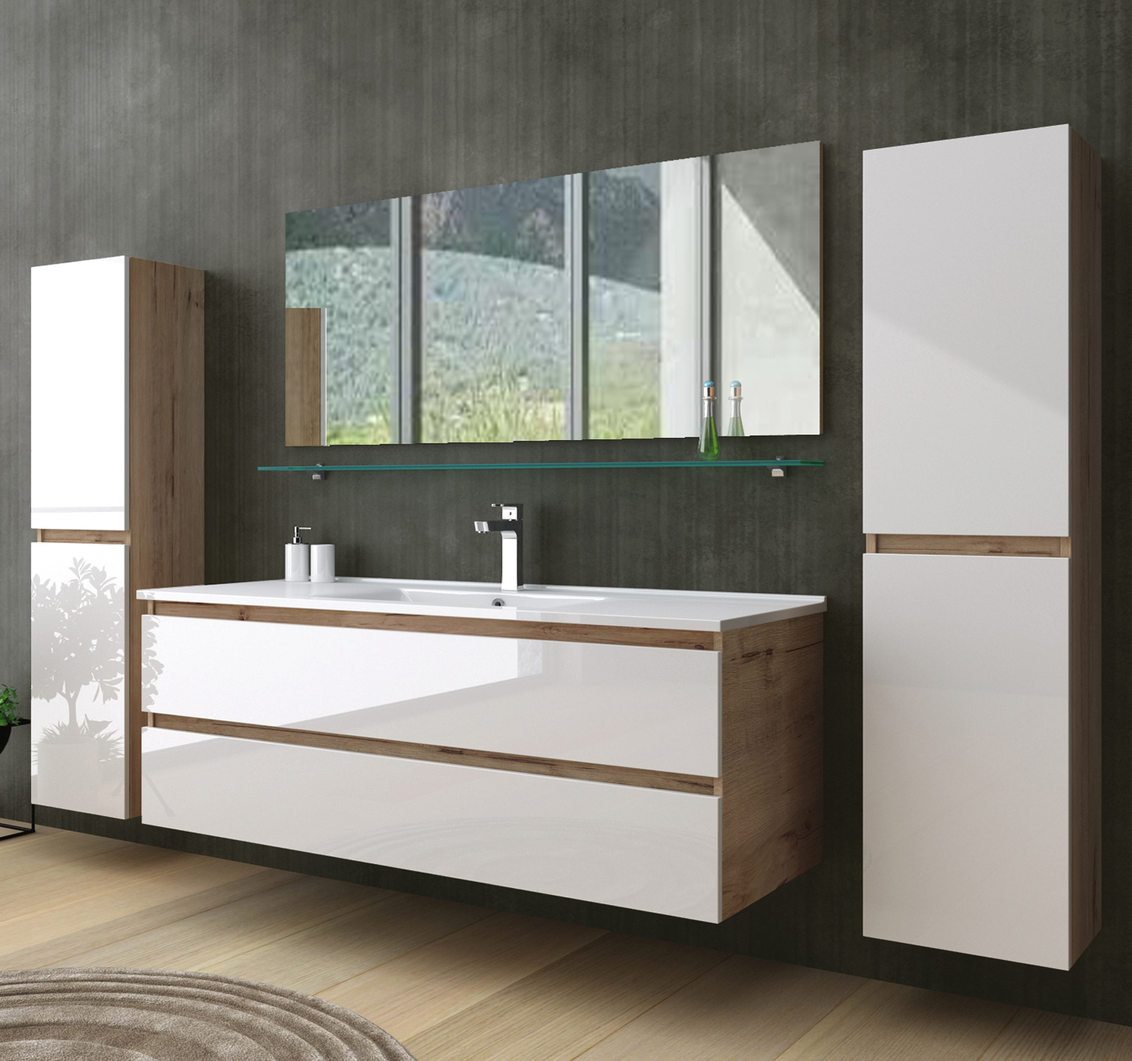 Badmöbel Set Eiche Weiß Badezimmermöbel Hochschrank Waschtisch Spiegel 60 90 120