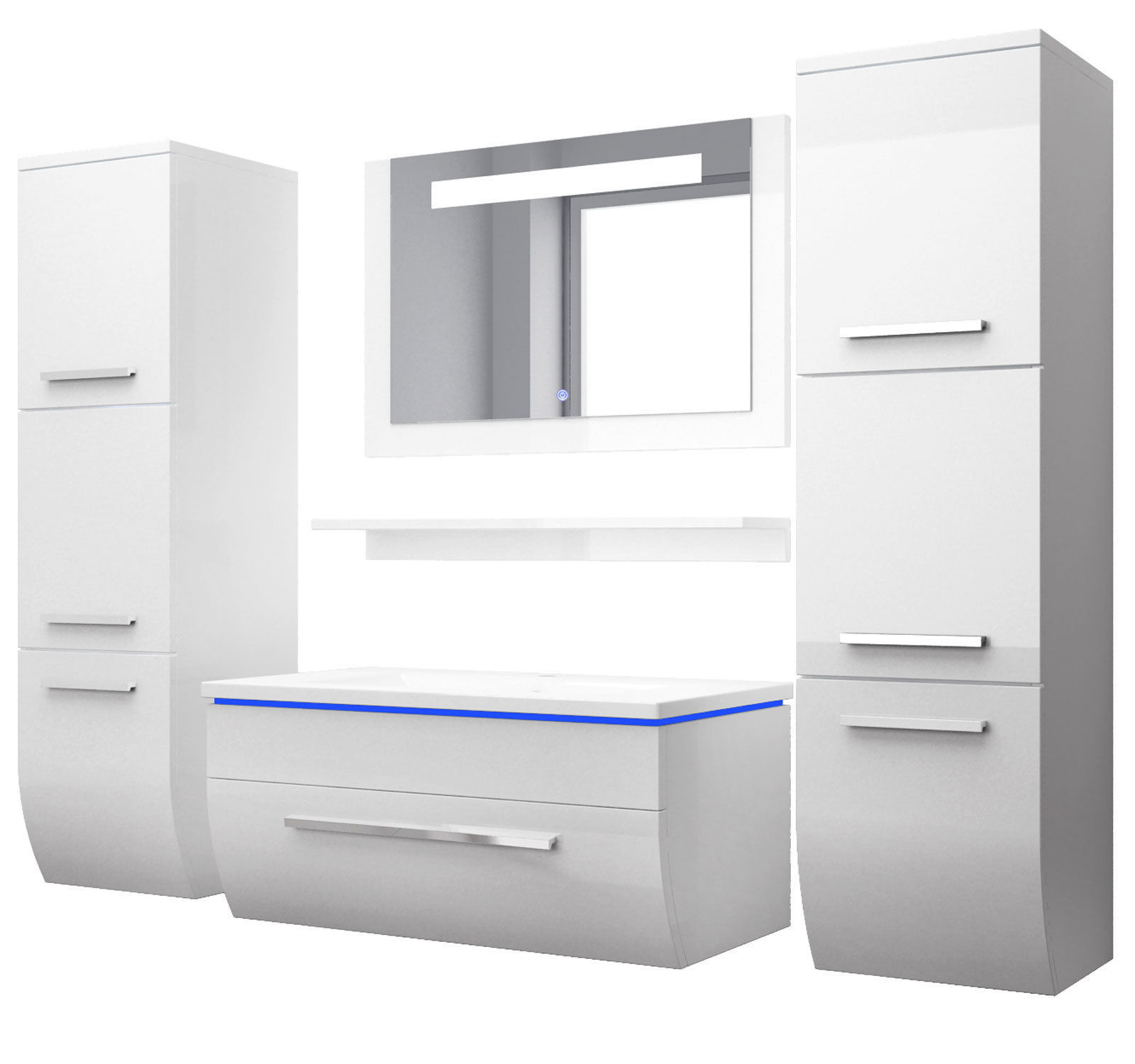 Badmöbel Set Weiss 190 cm Hochglanz Waschbecken Spiegel Komplett Bad Led System.