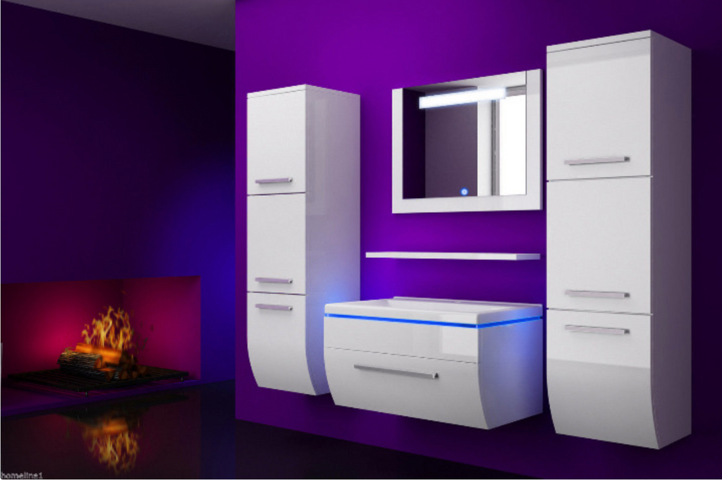 Badmöbel Set Weiss 190 cm Hochglanz Waschbecken Spiegel Komplett Bad Led System.