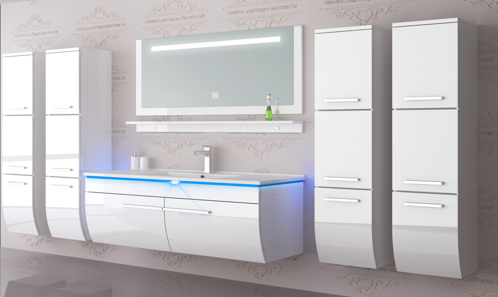 Badmöbel Set Weiss 240 cm Hochglanz Waschbecken Spiegel Komplett Bad Led System.
