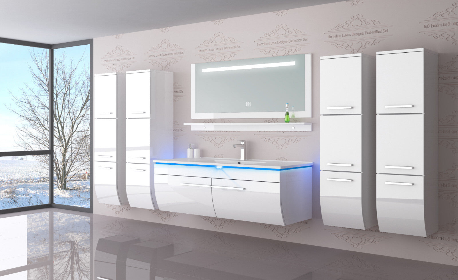 Badmöbel Set Weiss 240 cm Hochglanz Waschbecken Spiegel Komplett Bad Led System.