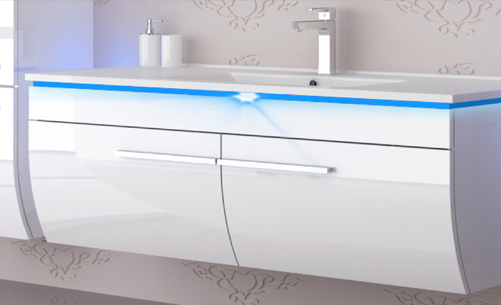 Badmöbel Set Weiss 240 cm Hochglanz Waschbecken Spiegel Komplett Bad Led System.