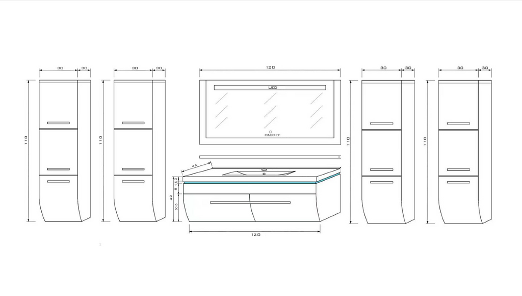 Badmöbel Set Weiss 240 cm Hochglanz Waschbecken Spiegel Komplett Bad Led System.
