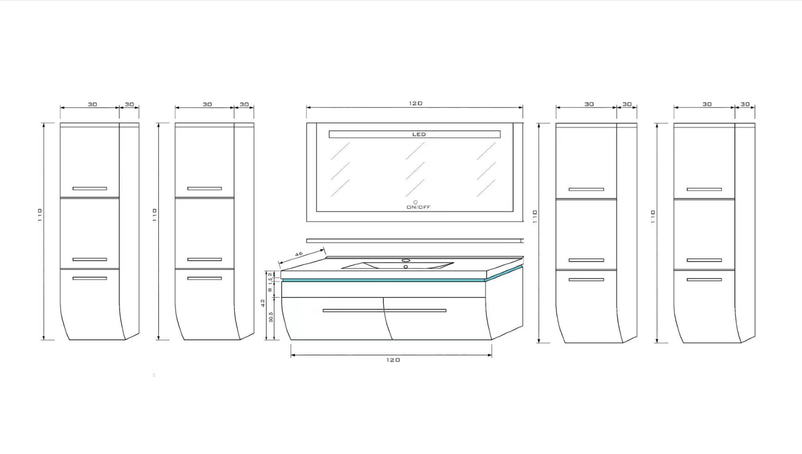 Badmöbel Set Weiss 240 cm Hochglanz Waschbecken Spiegel Komplett Bad Led System.
