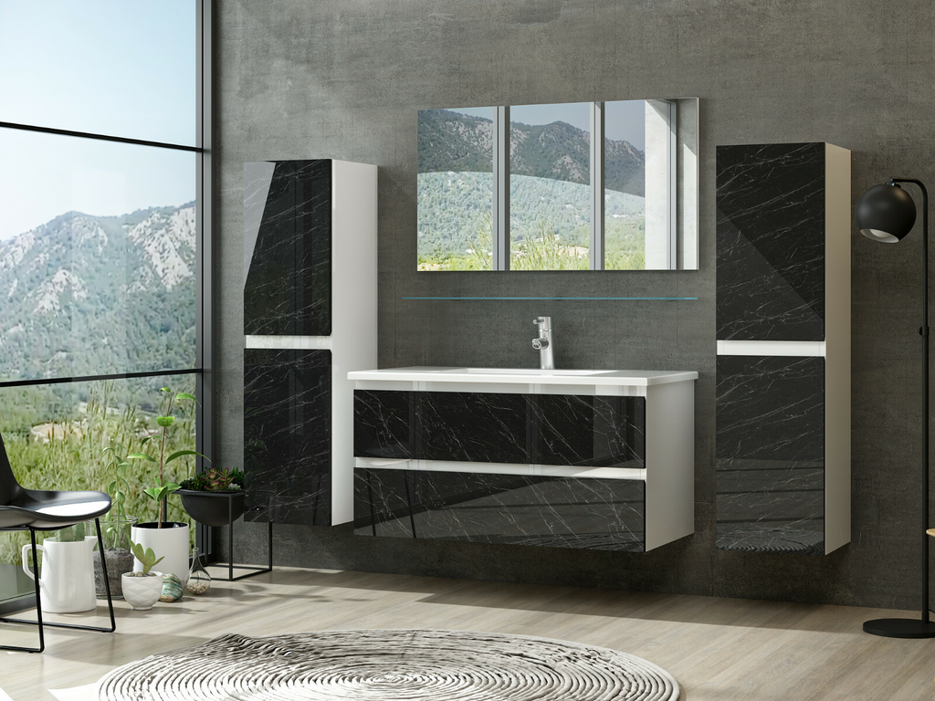 Badmöbel Set Weiss / Marmor Optik Hochglanz Badezimmermöbel 90 cm Luuci