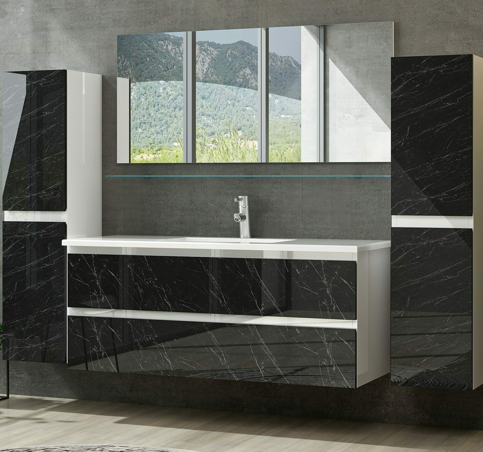Badmöbel Set Weiss / Marmor Optik Hochglanz Badezimmermöbel 90 cm Luuci