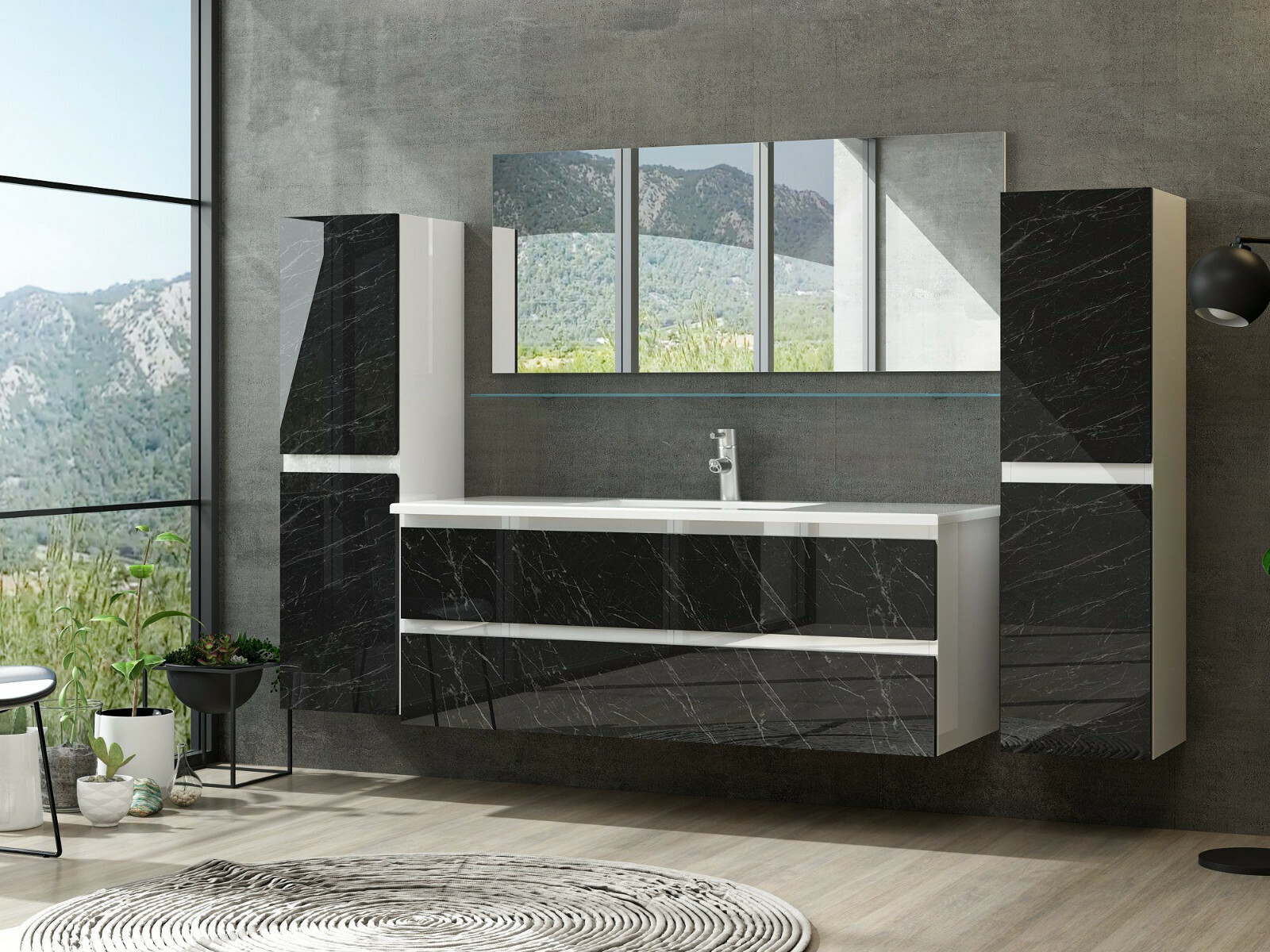 Badmöbel Set Weiss / Marmor Optik Hochglanz Badezimmermöbel 90 cm Luuci
