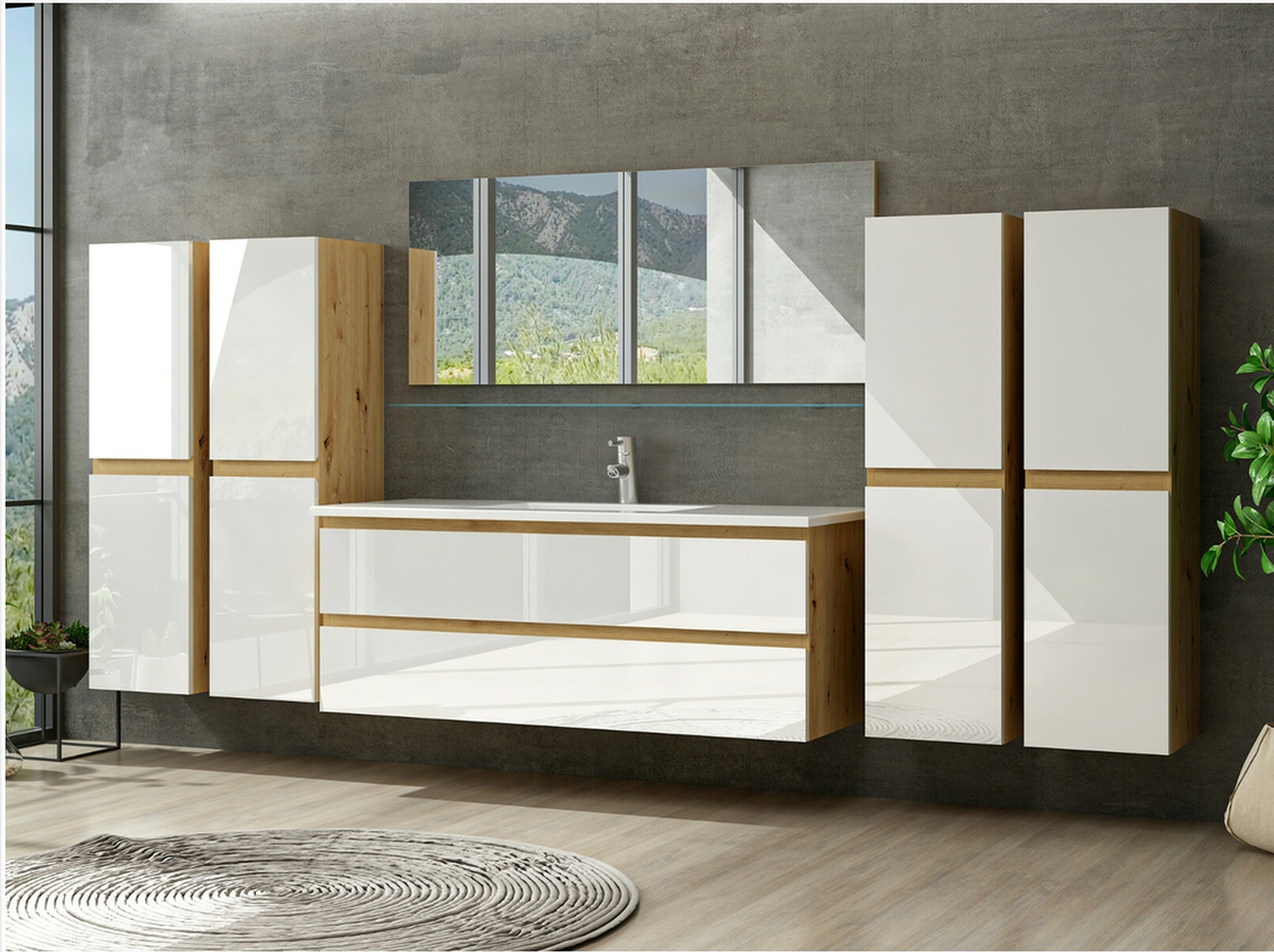 Badmöbel Set Eiche Weiß Badezimmermöbel Hochschrank Waschtisch Spiegel Leonard